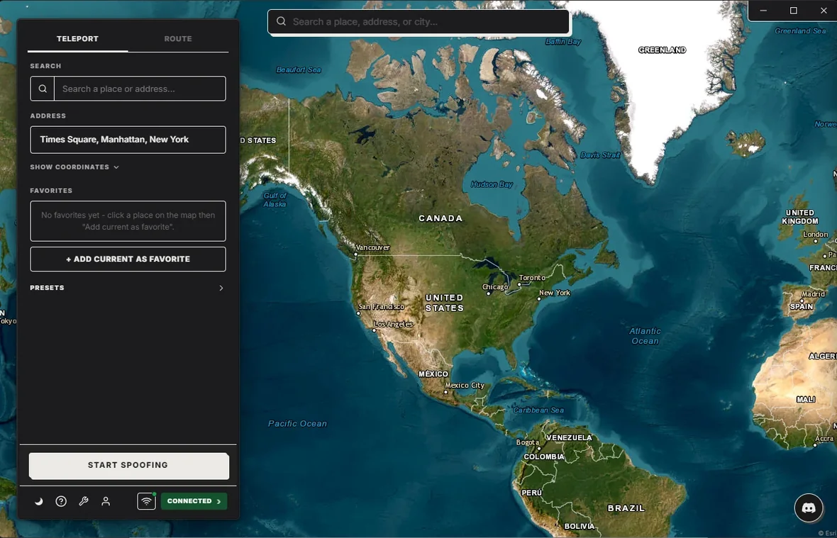 PinDrift desktop app open on the Teleport tab over a world map