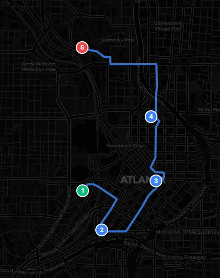 A drawn route with numbered waypoints on a dark map